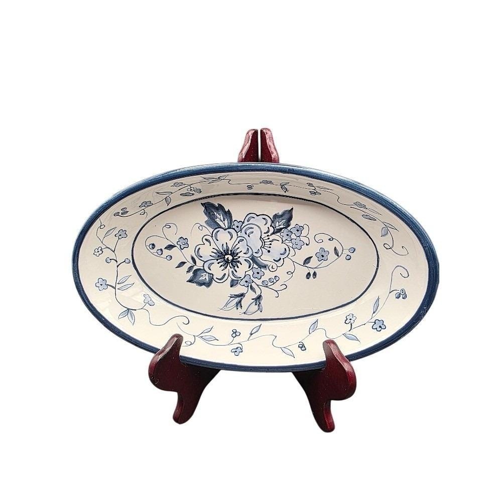 Lang Floral Blues Earthenware Bowl, Oval Serving Dish, Blue White Tableware